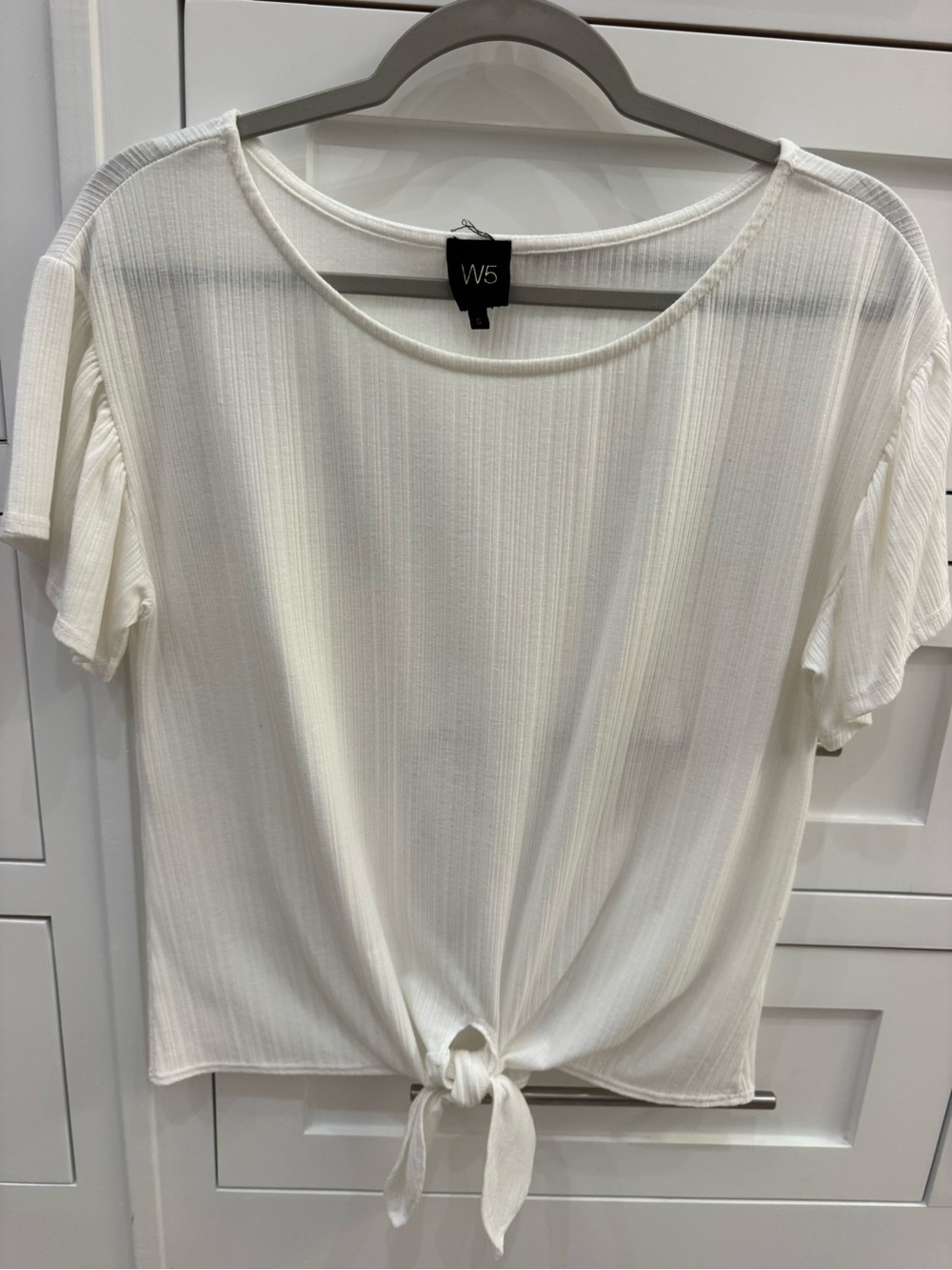 W5 White Ribbed Tie-Front Short Sleeve Crop Top
